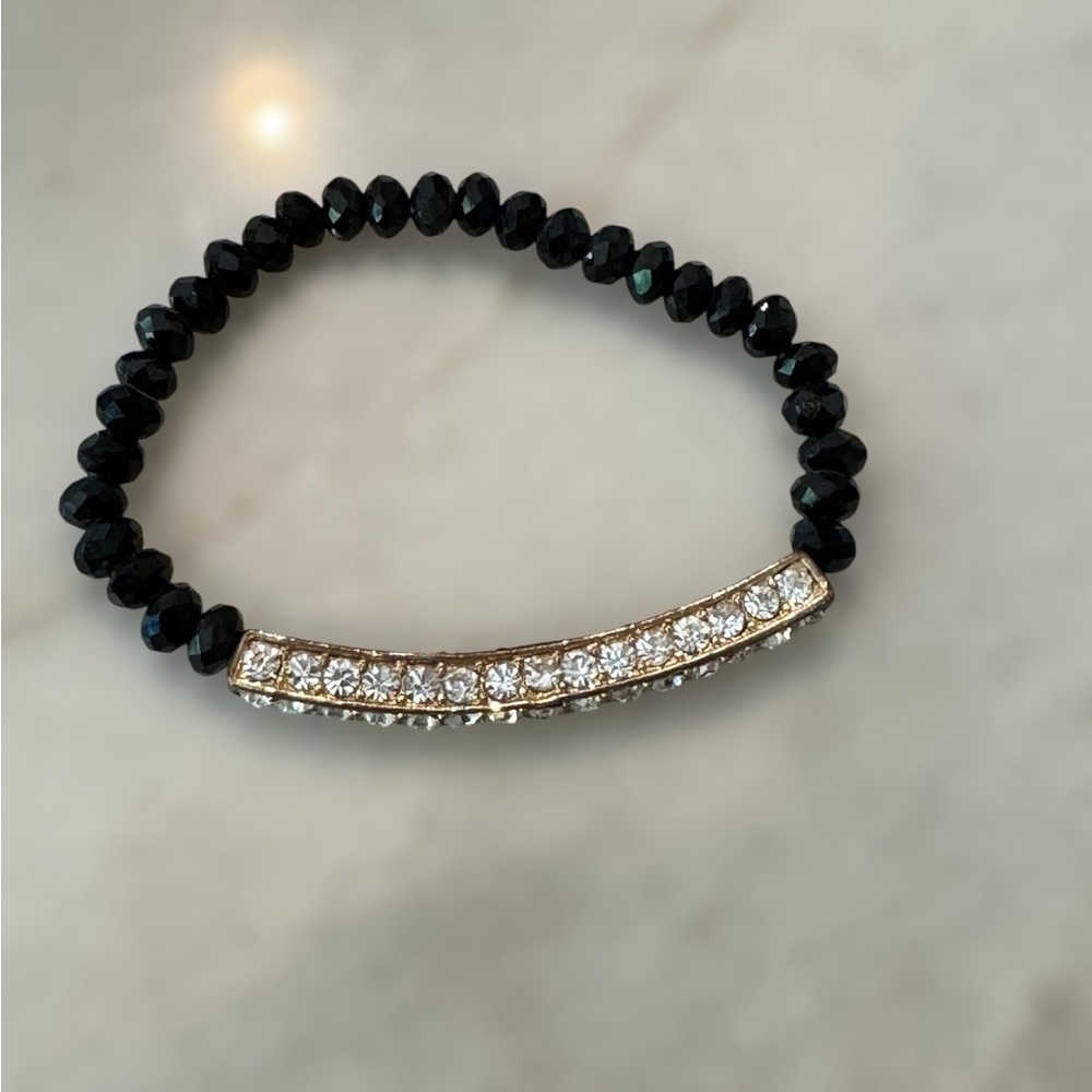 Rhinestone Crystal Bar on Black Faceted Bead Stretch Bracelet